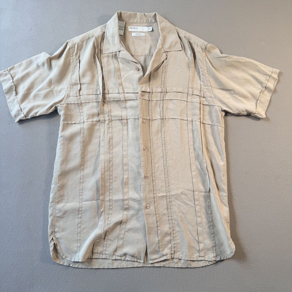 PERRY ELLIS - 100% Silk Shirt Eyelet Stripe Cabana Sz. MEDIUM